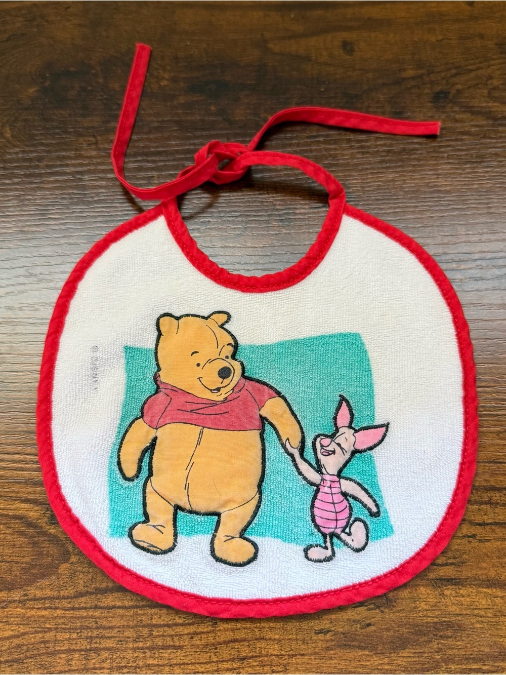 Vintage terry cloth Red Trim Winnie the Pooh Baby Bib with Piglet Graphic